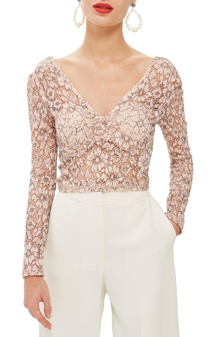 Women's Topshop Lace Crop Plunge Top Us (fits Like 0-2) - Pink