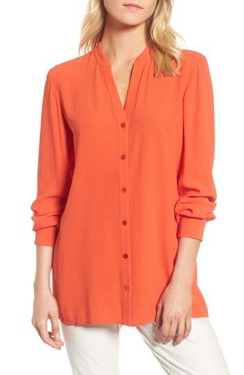 Women's Eileen Fisher Split Neck Silk Blouse, Size - Red
