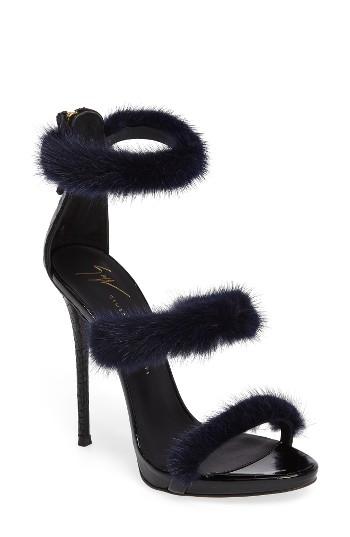 Women's Giuseppe Zanotti Genuine Mink Fur Triple Band Sandal M - Blue