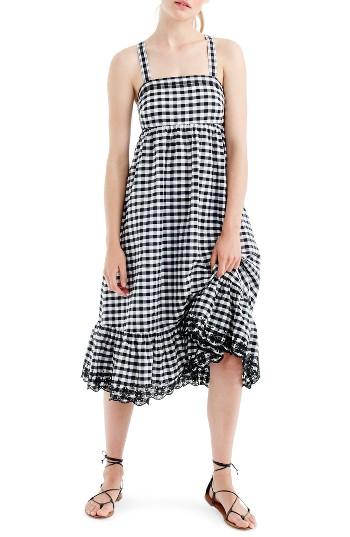 Women's J.crew Eyelet Trim Puckered Gingham Sundress - Black