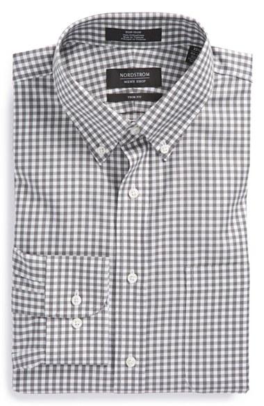 Men's Nordstrom Men's Shop Trim Fit Non-iron Gingham Dress Shirt .5 32/33 - Grey