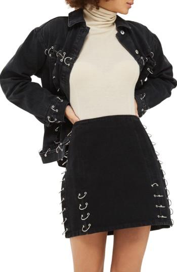 Women's Topshop Piercing Denim Miniskirt Us (fits Like 0) - Black