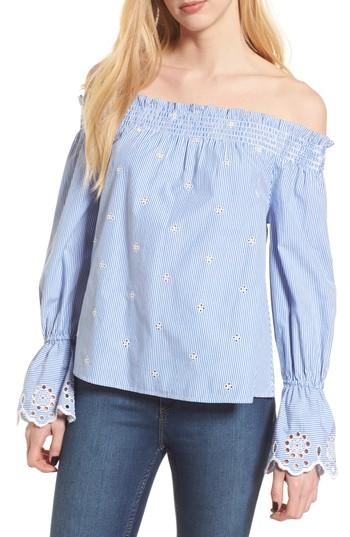 Women's Bp. Off The Shoulder Schiffli Smocked Stripe Top, Size - Blue