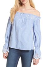 Women's Bp. Off The Shoulder Schiffli Smocked Stripe Top, Size - Blue
