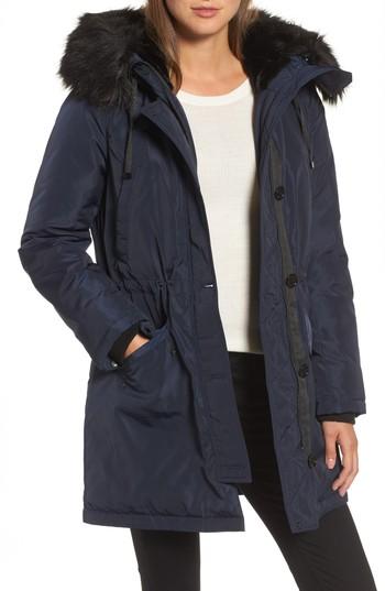 Women's Michael Michael Kors Waterproof Anorak With Faux Fur Hood - Blue