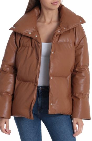 Women's Bagatelle Faux Leather Puffer Jacket - Brown