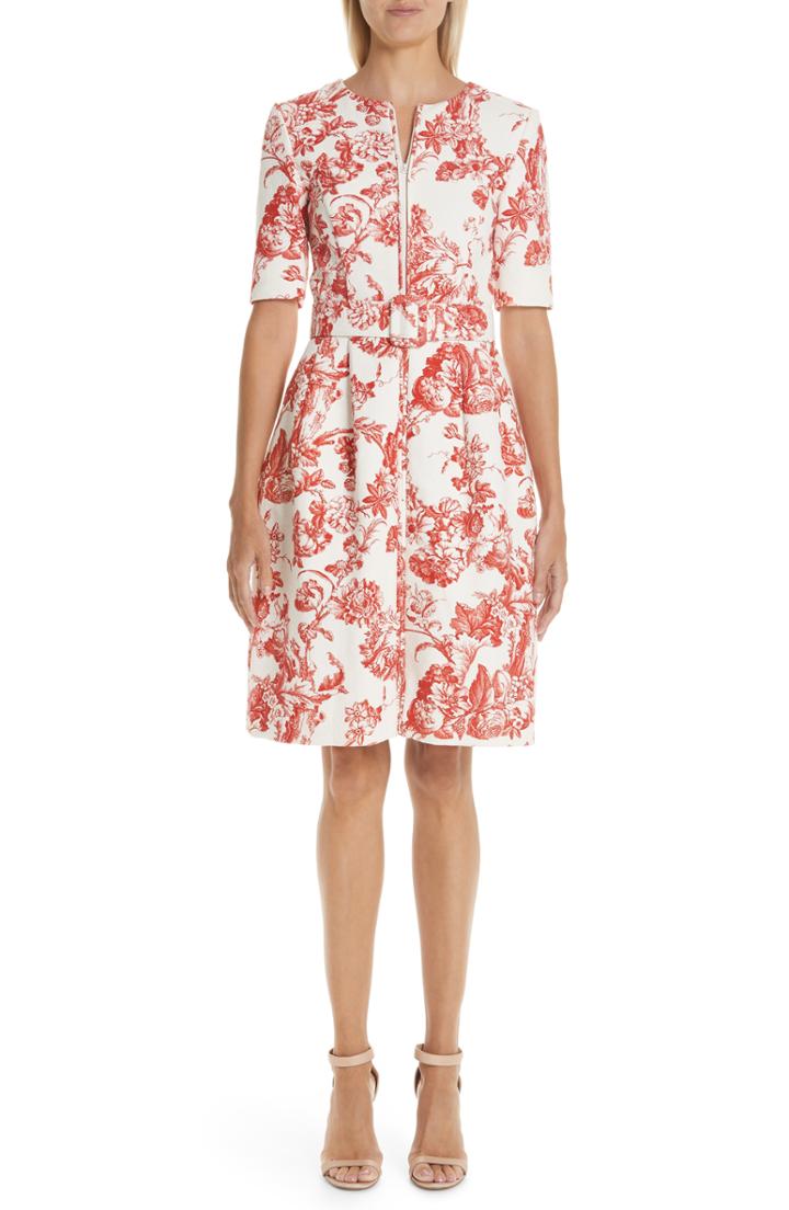Women's Oscar De La Renta Toile Print Belted Zip Front Dress - Red