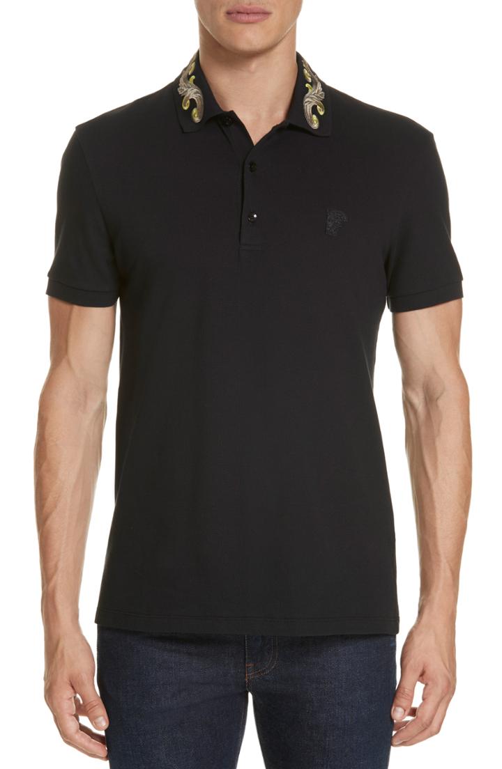 Men's Versace Collection Baroque Collar Pique Polo - Black