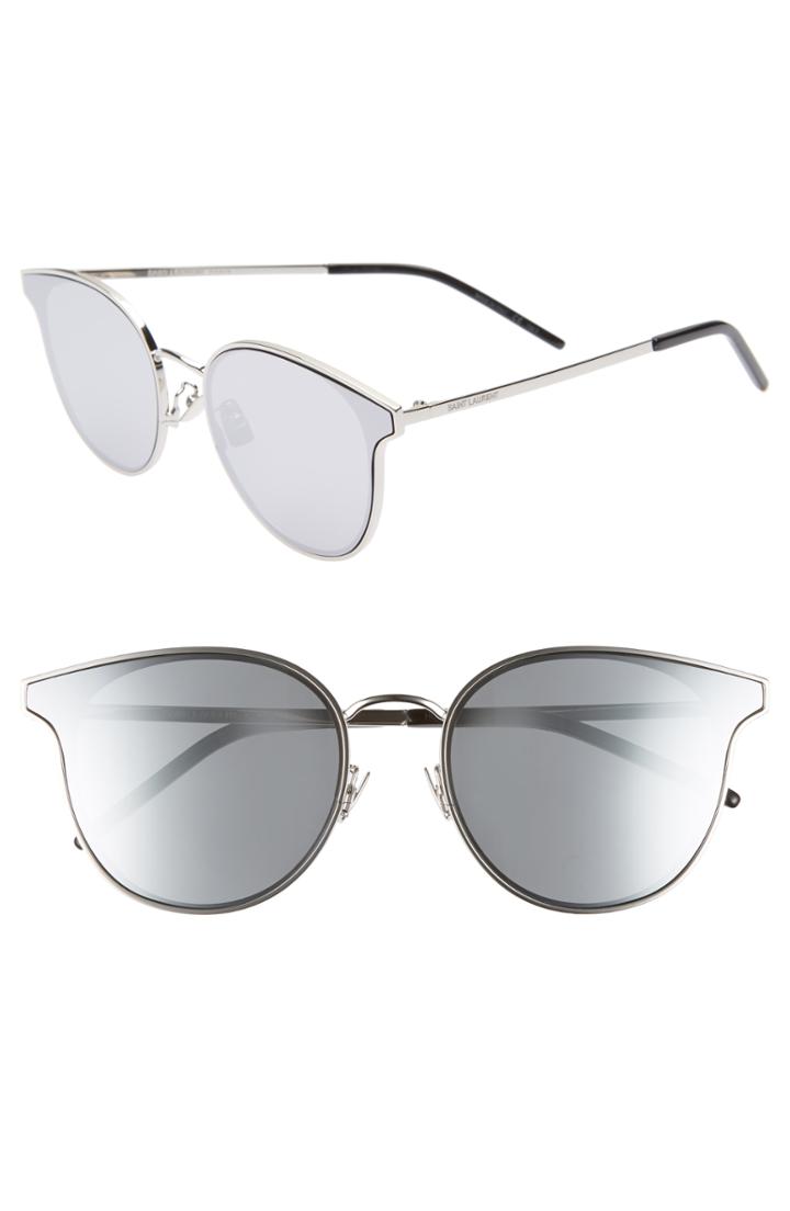 Women's Saint Laurent 64mm Oversize Flat Front Round Sunglasses - Silver/ Silver