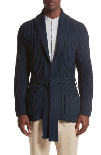 Men's Eidos Napoli Belted English Rib Shawl Collar Cardigan, Size - Blue