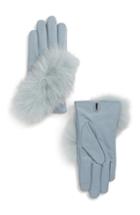 Women's Echo Lambskin Leather Touchscreen Gloves With Genuine Fox Fur Trim - Blue