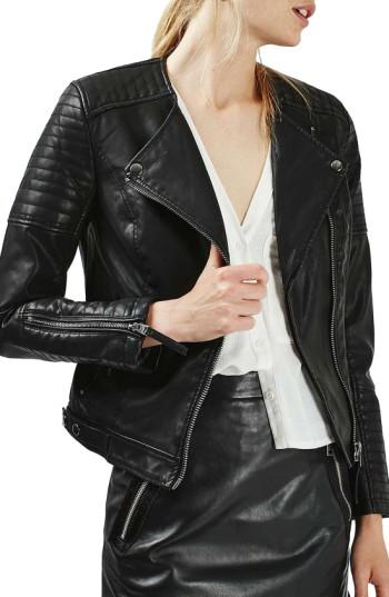 Women's Topshop Nelly Faux Leather Biker Jacket Us (fits Like 2-4) - Black
