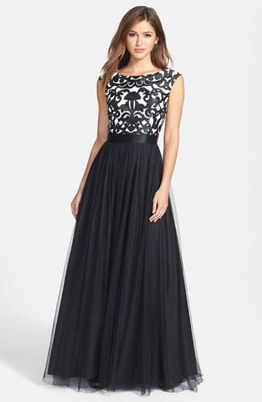 Women's Aidan Mattox Embroidered Bodice Mesh Ballgown - Black