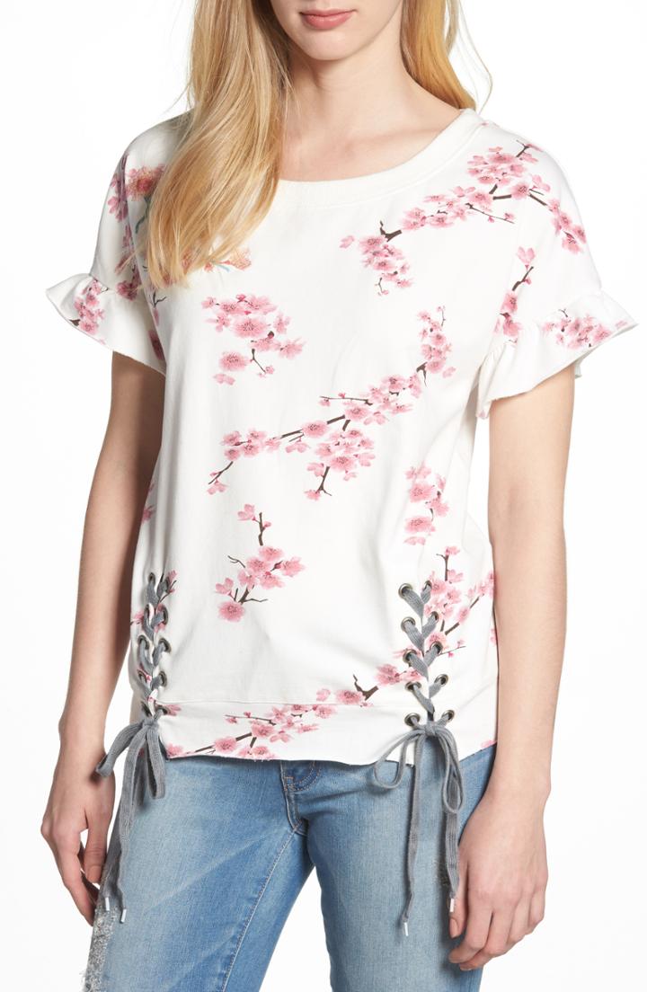 Women's Billy T Cherry Blossom Short Sleeve Lace-up Sweatshirt - White