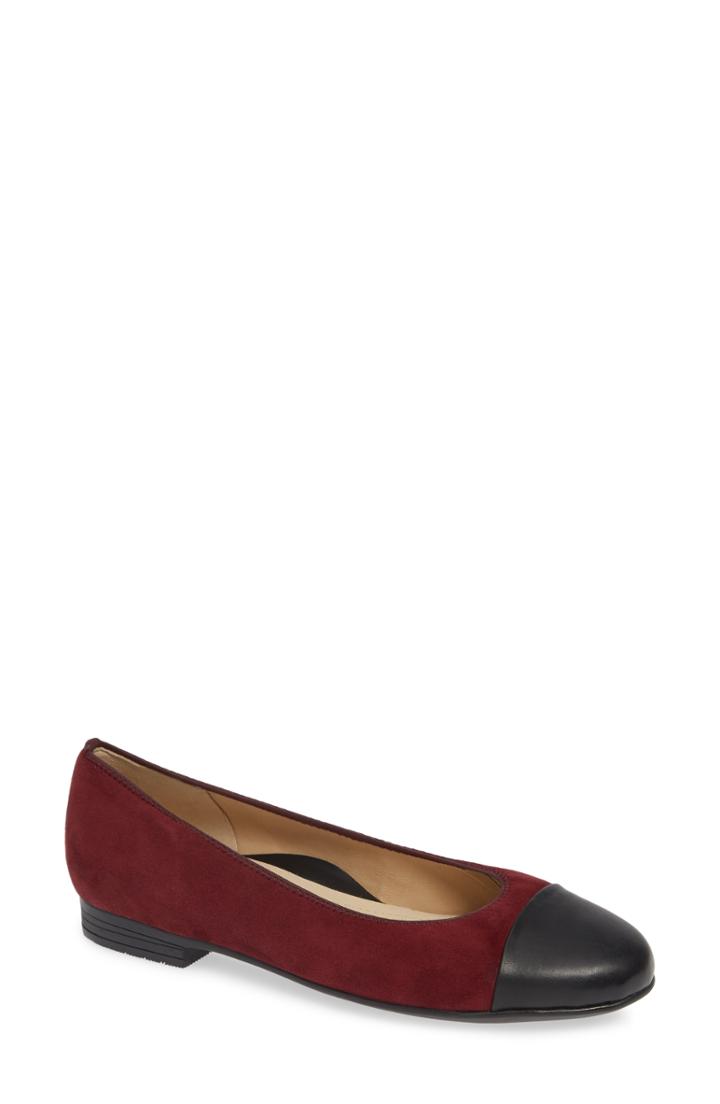 Women's Ara Sally Cap Toe Ballet Flat .5 M - Burgundy