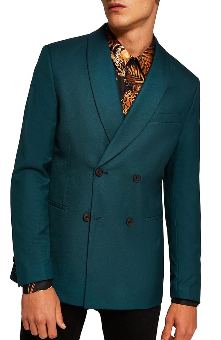 Men's Topman Skinny Fit Double Breasted Blazer R - Green