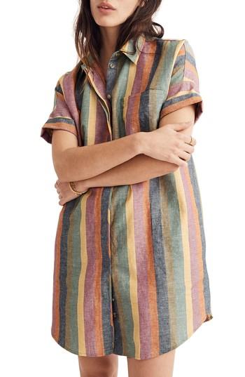 Women's Madewell Courier Rainbow Stripe Linen & Cotton Shirtdress, Size - Blue