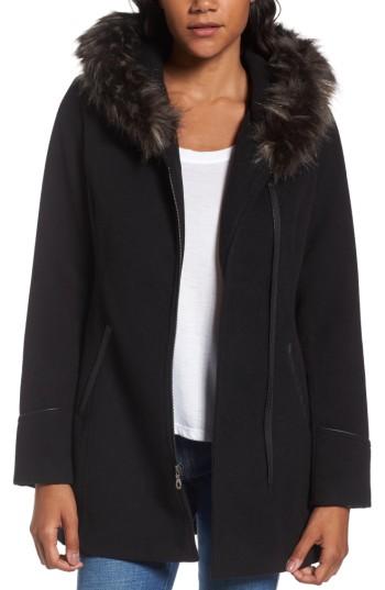 Women's Maralyn & Me Asymmetrical Zip Jacket With Faux Fur Collar - Black