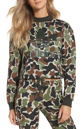 Women's Adidas Camo Print Drawstring Crop Sweatshirt - Green