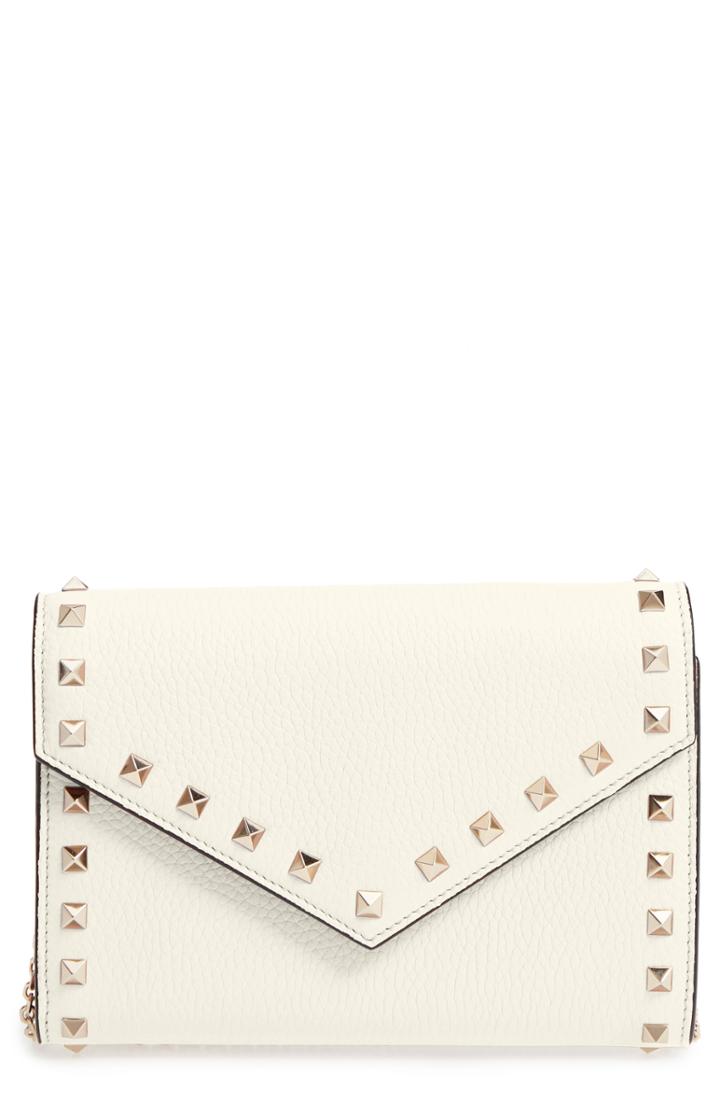 Women's Valentino Garavani Rocktstud V-flap Calfskin Leather Wallet On A Chain - Ivory