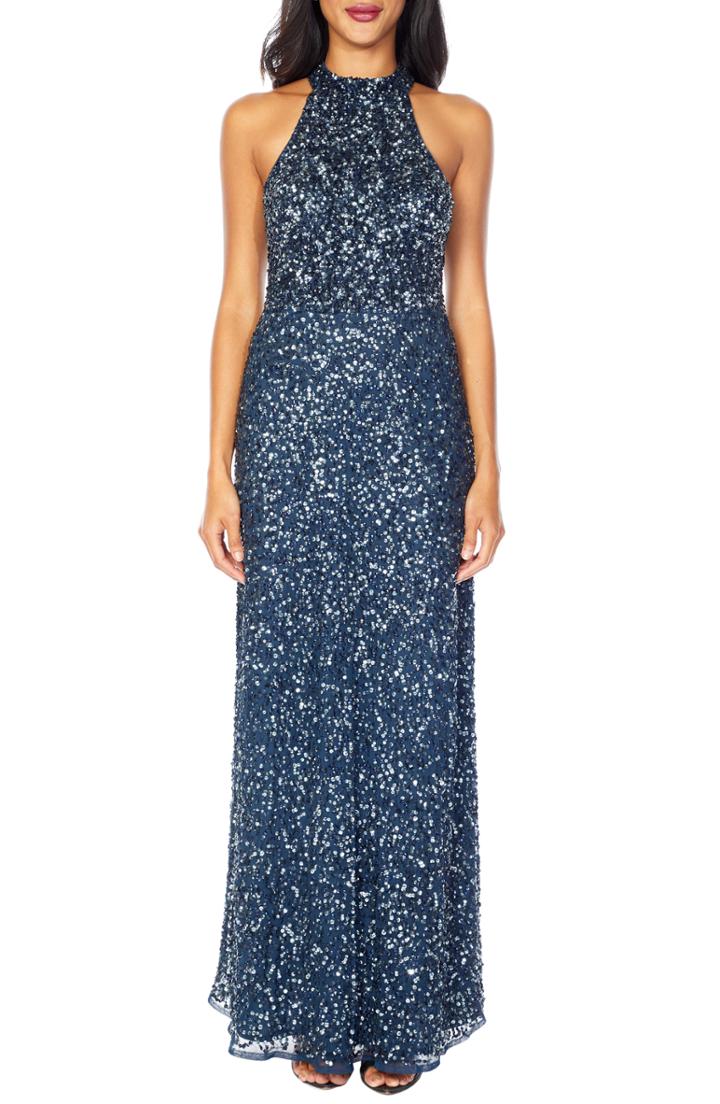 Women's Lace & Beads Annie Sequin Halter Gown
