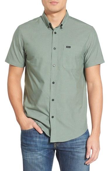 Men's Rvca 'that'll Do' Slim Fit Short Sleeve Oxford Shirt - Green
