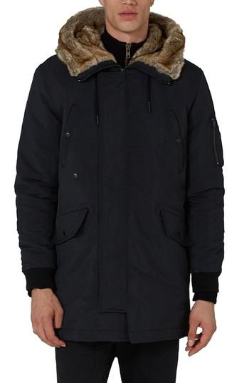 Men's Topman Faux Fur Lined Parka - Black