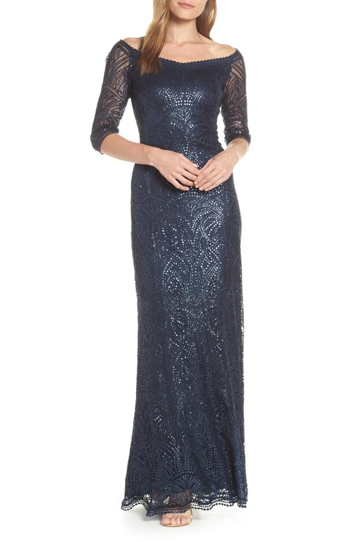 Women's Tadashi Shoji Sequin Off The Shoulder Evening Dress - Blue