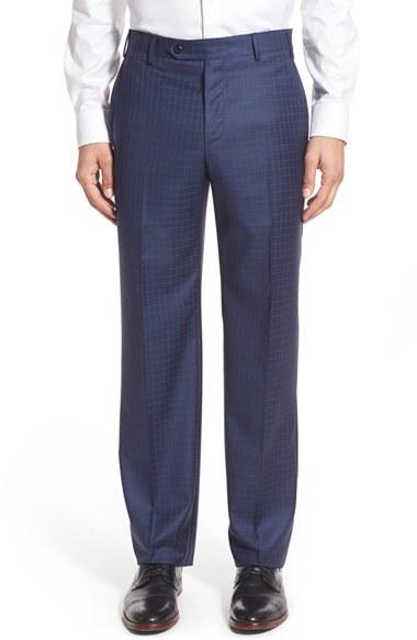 Men's Zanella Flat Front Check Wool Trousers - Blue