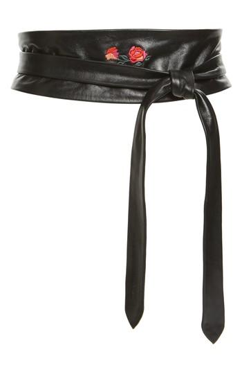 Women's Ada Embroidered Leather Wrap Belt, Size - Black