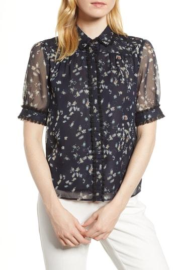 Women's Cece Floral Print Ruffle Trim Shirt, Size - Black