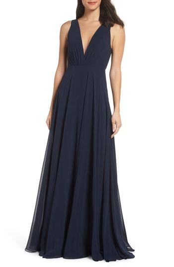Women's Jenny Yoo Ryan V-neck Chiffon Gown - Blue