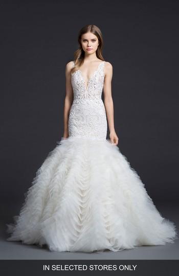 Women's Lazaro Crochet & Chiffon Mermaid Gown, Size In Store Only - Ivory