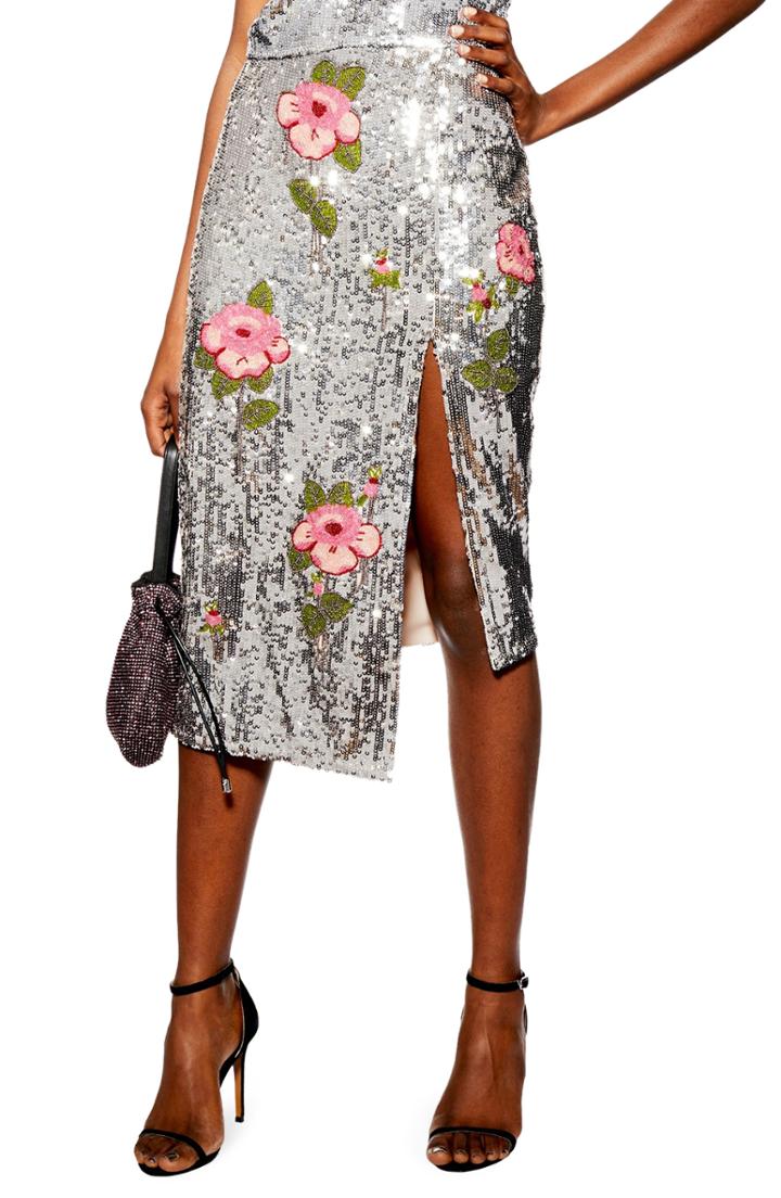 Women's Topshop Flower Embellished Sequin Midi Skirt Us (fits Like 0) - Metallic