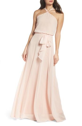 Women's Nouvelle Amsale Halter Neck Chiffon Blouson Gown - Pink