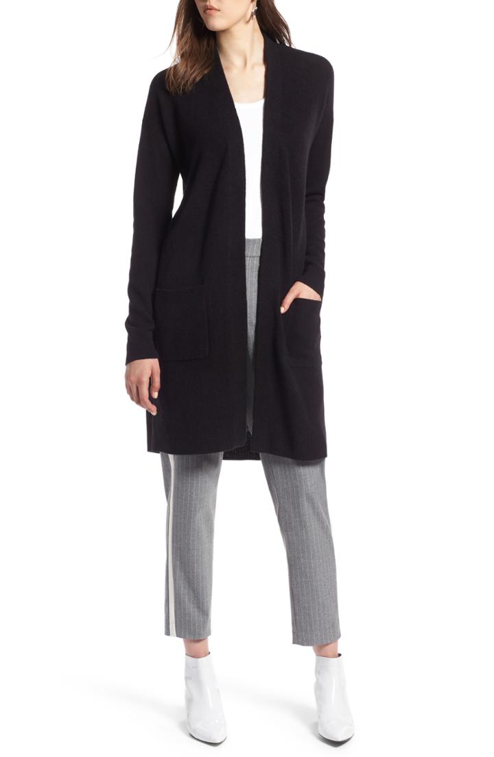 Petite Women's Halogen Rib Knit Wool & Cashmere Cardigan P - Black