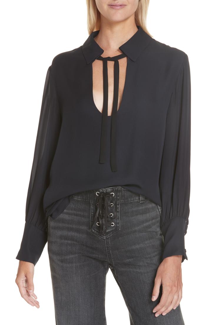 Women's Nili Lotan Anette Tie Neck Silk Top - Blue