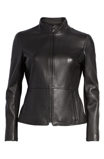 Women's Via Spiga Stand Collar Leather Jacket - Black