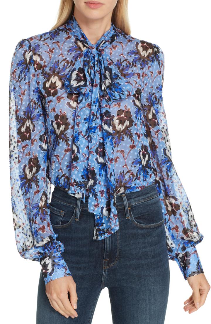 Women's Dvf Lanie Floral Print Tie Neck Silk Blend Blouse - Purple