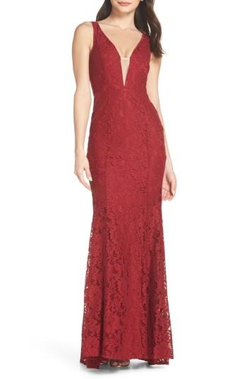 Women's Lulus Plunging Neckline Lace Trumpet Gown - Red