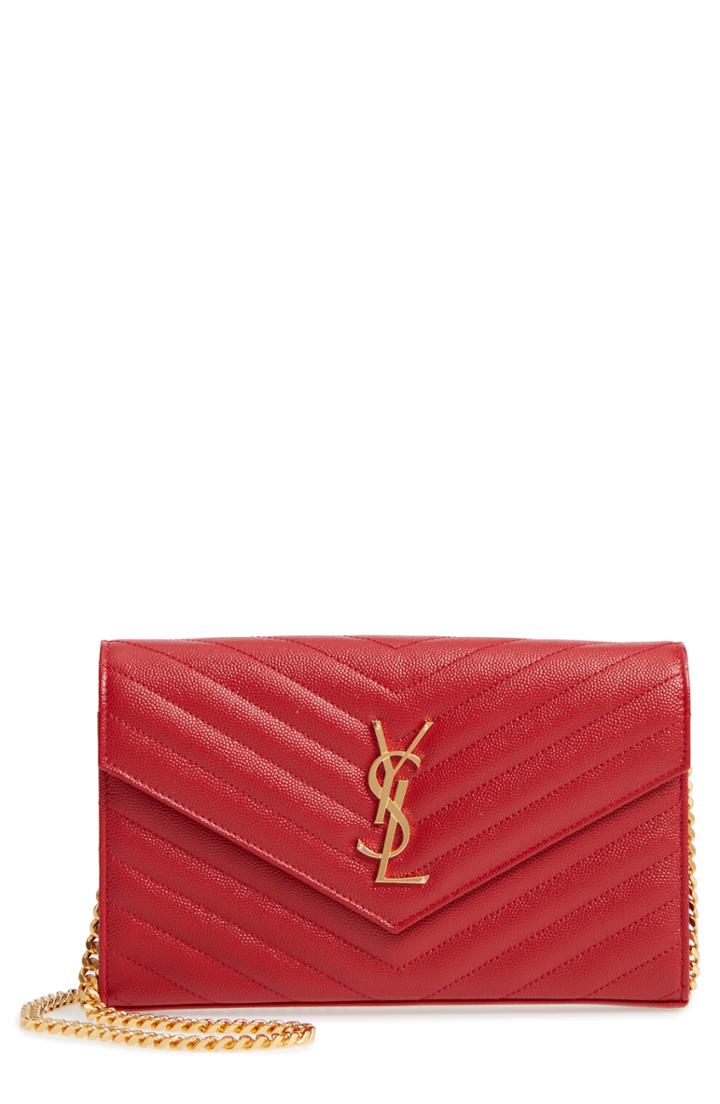 Women's Saint Laurent 'large Monogram' Quilted Leather Wallet On A Chain - Ivory