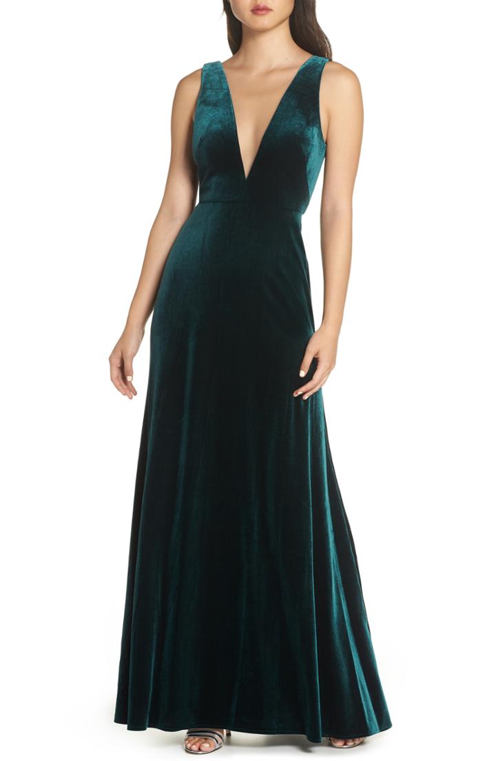 Women's Jenny Yoo Logan Plunging V-neck Velvet Gown - Green