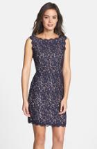 Petite Women's Adrianna Papell Boatneck Lace Sheath Dress P - Blue