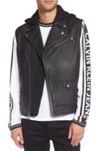Men's Calvin Klein Jeans Faux Leather Hooded Biker Vest - Black