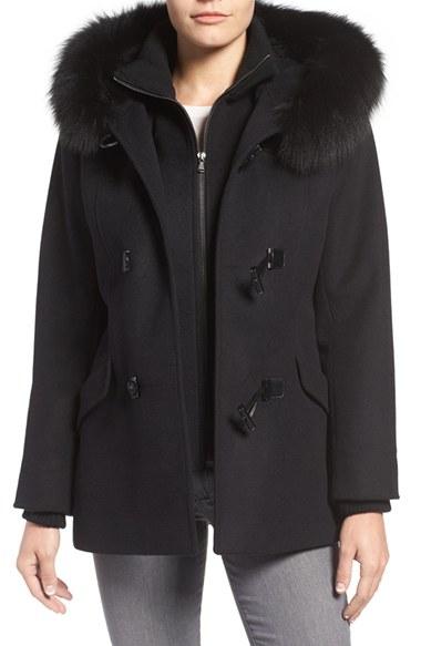 Women's George Simonton Wool Blend Duffle Coat With Genuine Fox Fur Trim