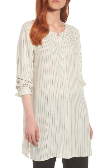 Women's Eileen Fisher Stripe Silk Georgette Crepe Long Shirt, Size - Ivory