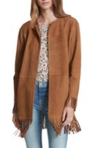 Women's Frame Fringe Trim Suede Jacket - Beige