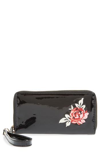 Omg Rose Embroidery Faux Patent Wallet - Black