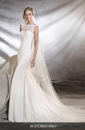 Women's Pronovias Oreste Crepe & Lace Mermaid Gown, Size - Ivory