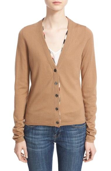 Women's Burberry Check Trim Wool Cardigan - Brown